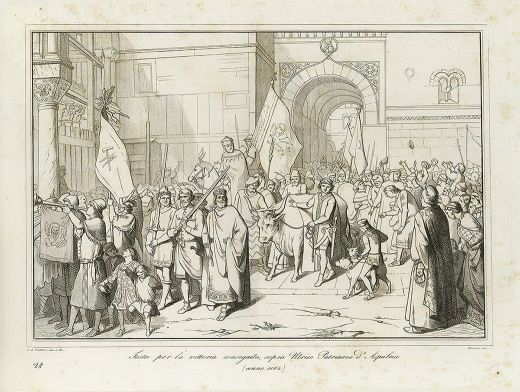 Etching by Giuseppe Gatteri: Patriarch Ulrich's ransom payment in a bull and twelve pigs arrives in Venice - 19th century
