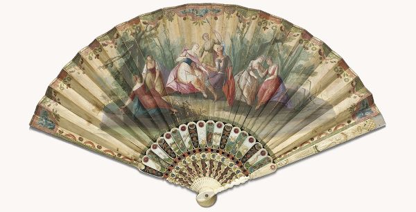 Venetian fan, ca. 1730. Made of double paper leaf painted in gouache, ivory sticks, lacquered and gilded, mother of pearl