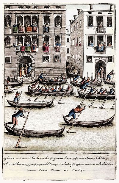 Engraving by Giacomo Franco: "The men Regatta" - colored engraving (1610)