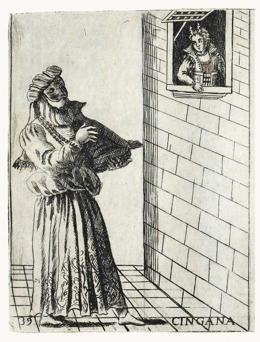 Etching by Pietro Bertelli: Cingana (Gipsy Fortune Teller) - 
from: Diversarum Nationum Habitus (Clothing of Different Countries) - etching (1589-1592)