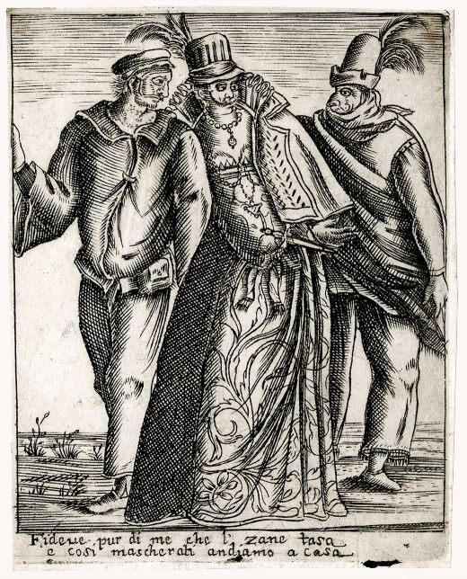 Etching by Francesco Bertelli: Sailor with his servant? - Il Carnevale Italiano Mascherato - etching (1642)